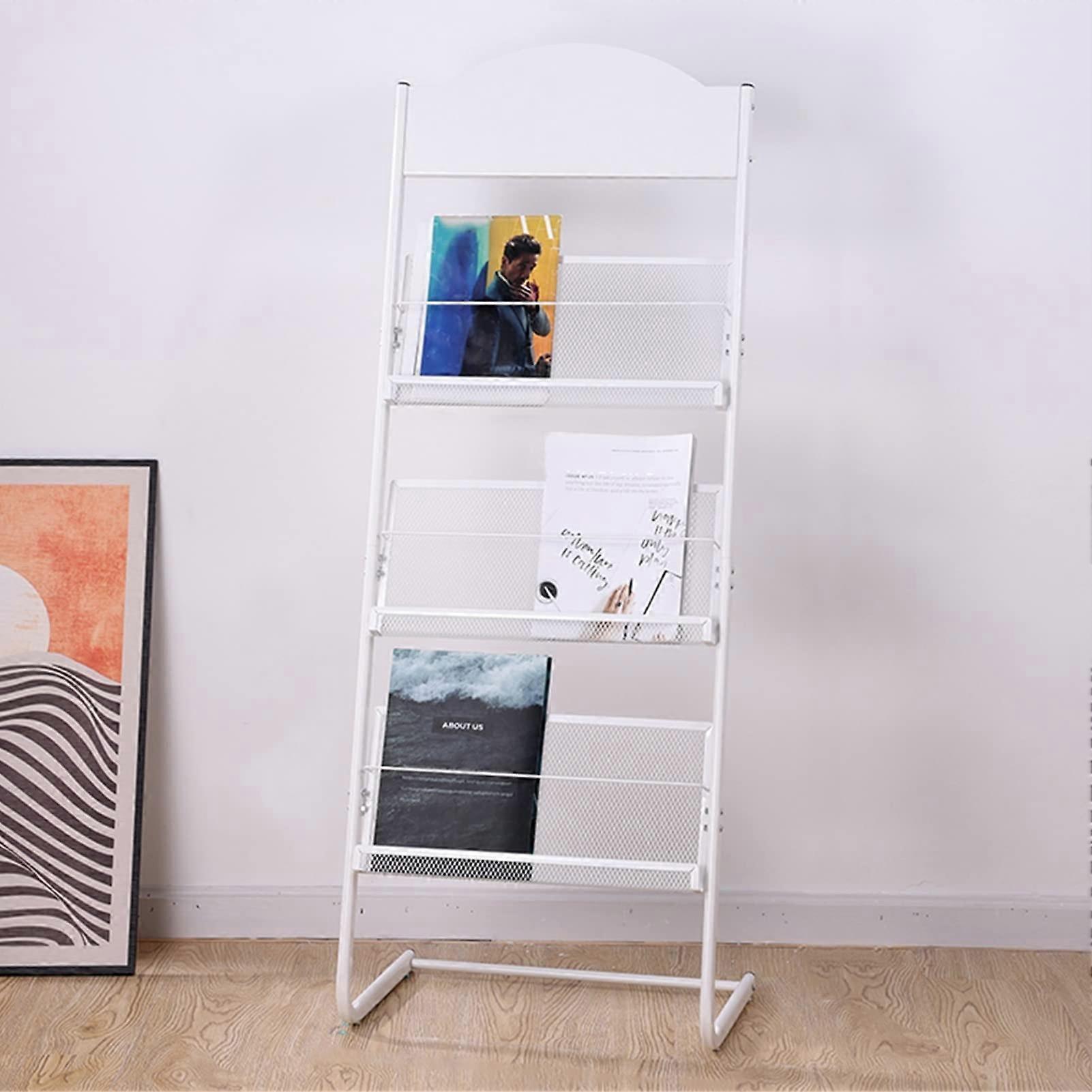 Magazine Stand, Floor-Standing 3-Tier Document Organizer, White Literature Rack for School Library Home Use