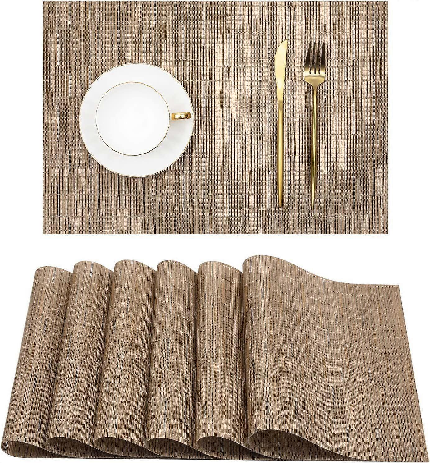 Waterproof Wipe-Clean Place Mats Pack of 6, Washable PVC Non-Slip Heat Resistant Table Mats for Home Dining (Khaki)