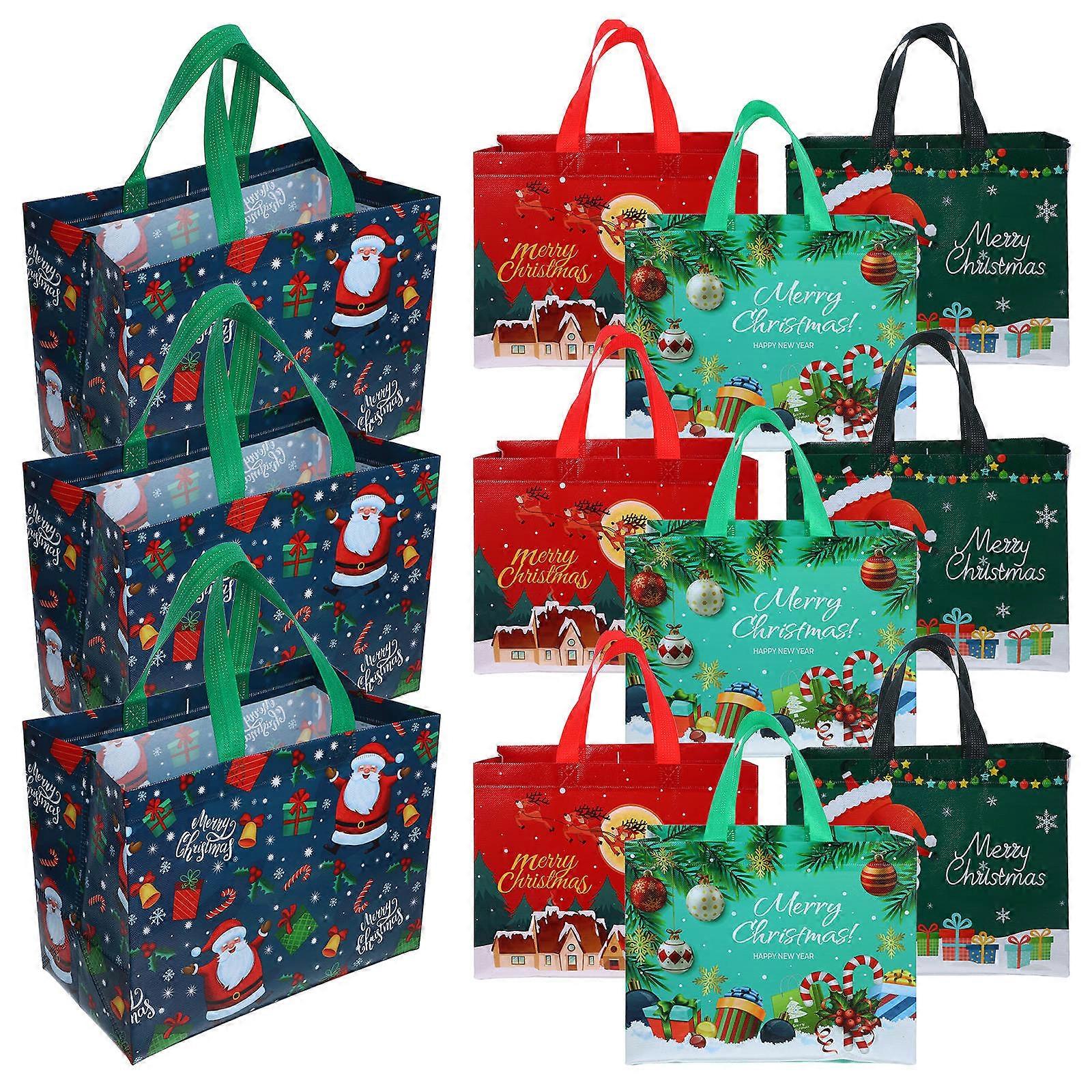 12pcs Christmas Non Woven Bags, Adorable Festive Prints, Reusable Tote Bags for Present Wrapping, Shopping & Holiday Parties