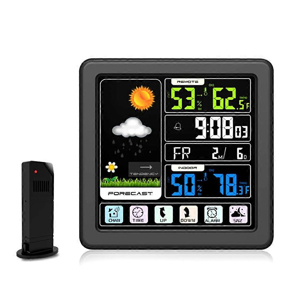 LED Wireless Weather Station with Outdoor Sensor, Color Display, Indoor Nursery, Thermometer, Humidity Meter, Home, Living Room, Black Schwarz