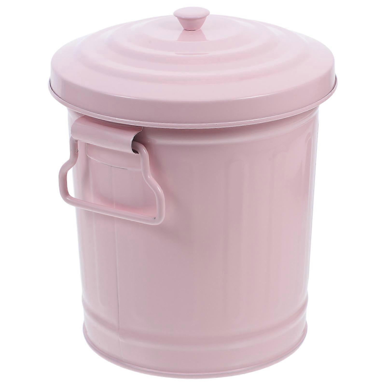 Elegant Mini Trash Can with Lid – Compact Odor Trapping Iron Waste Basket for Desktop, Home, or Office Organization – Pink Makeup Brush Holder
