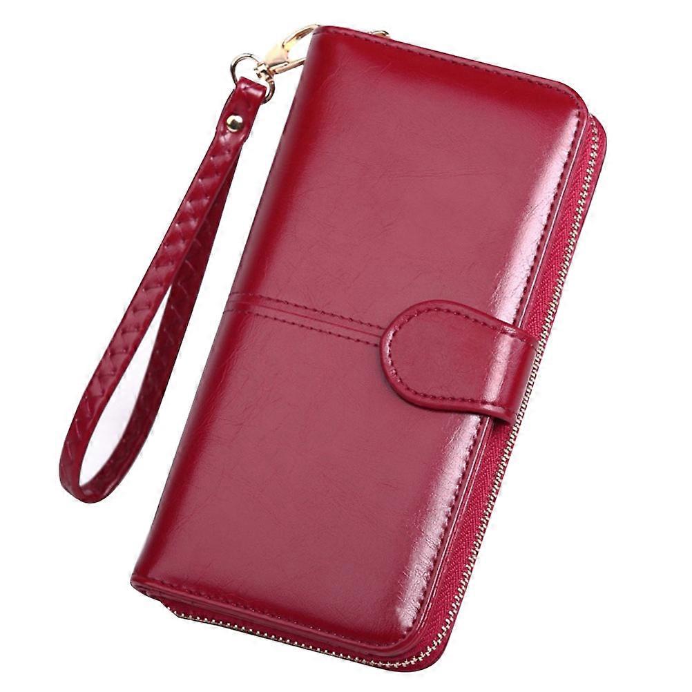 PU Long Wallet Zipper Phone Pouch Snap Closure Portable Purse Pack (Wine Red)
