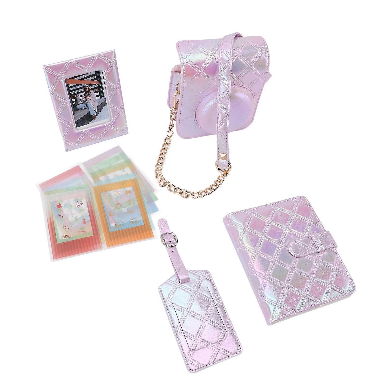 leather pouch in vintage wire for instant camera Protective bottom with frame stickers (Purple) Purple