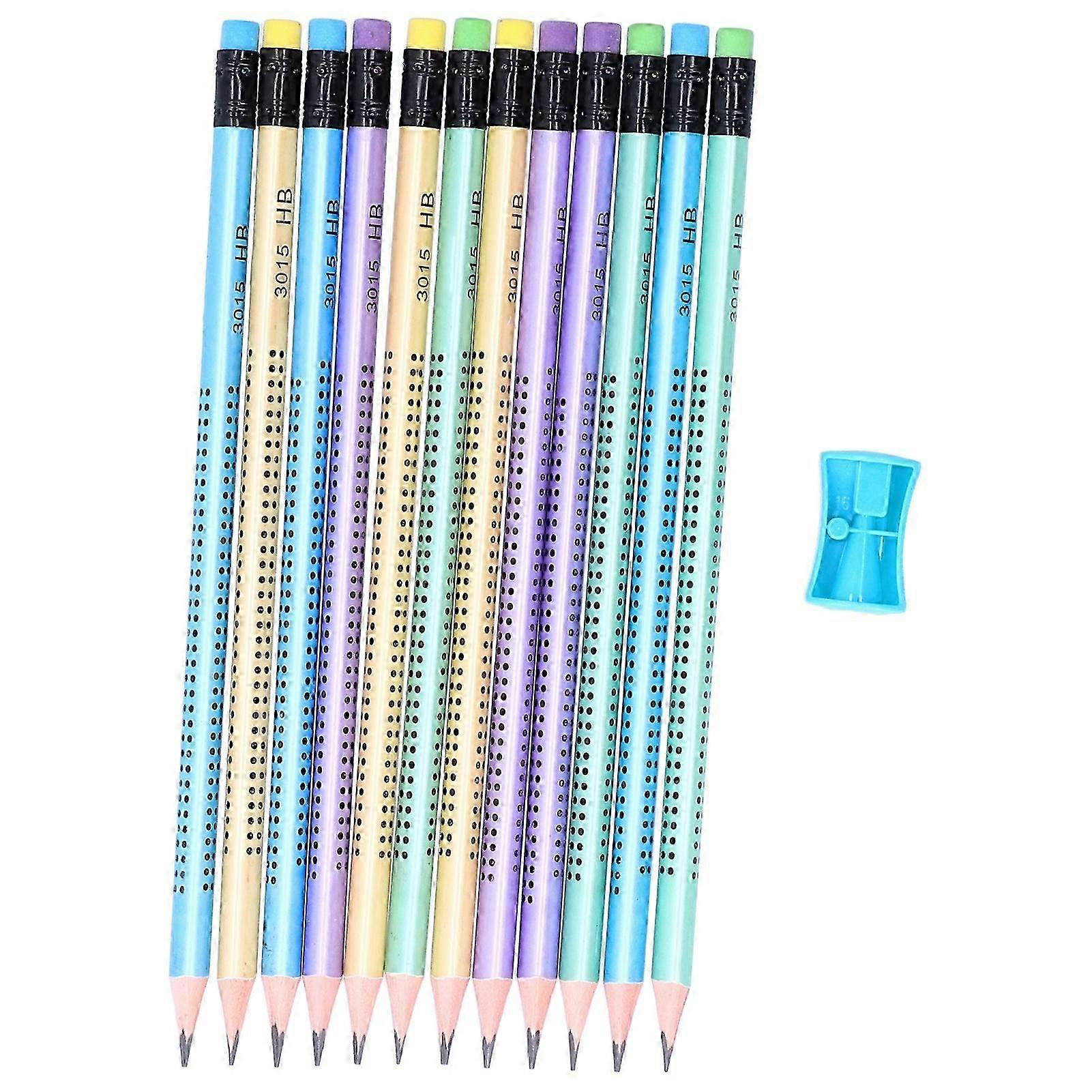 12pcs鉛筆画組成物滑り止めペンセットシャープナーステーショナリー交換付き