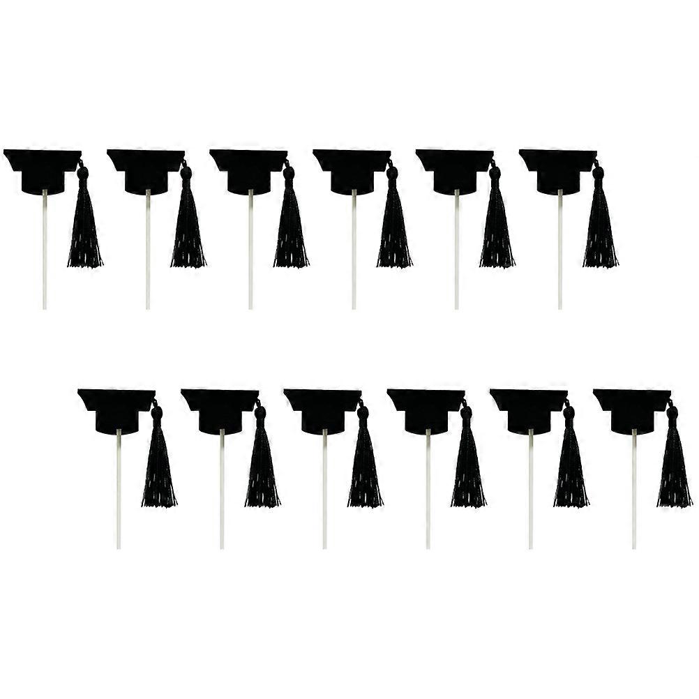 12pcs Black Graduation Hat Cake Topper Decorations for Graduation Parties Made of NonWoven Fabric and Paper