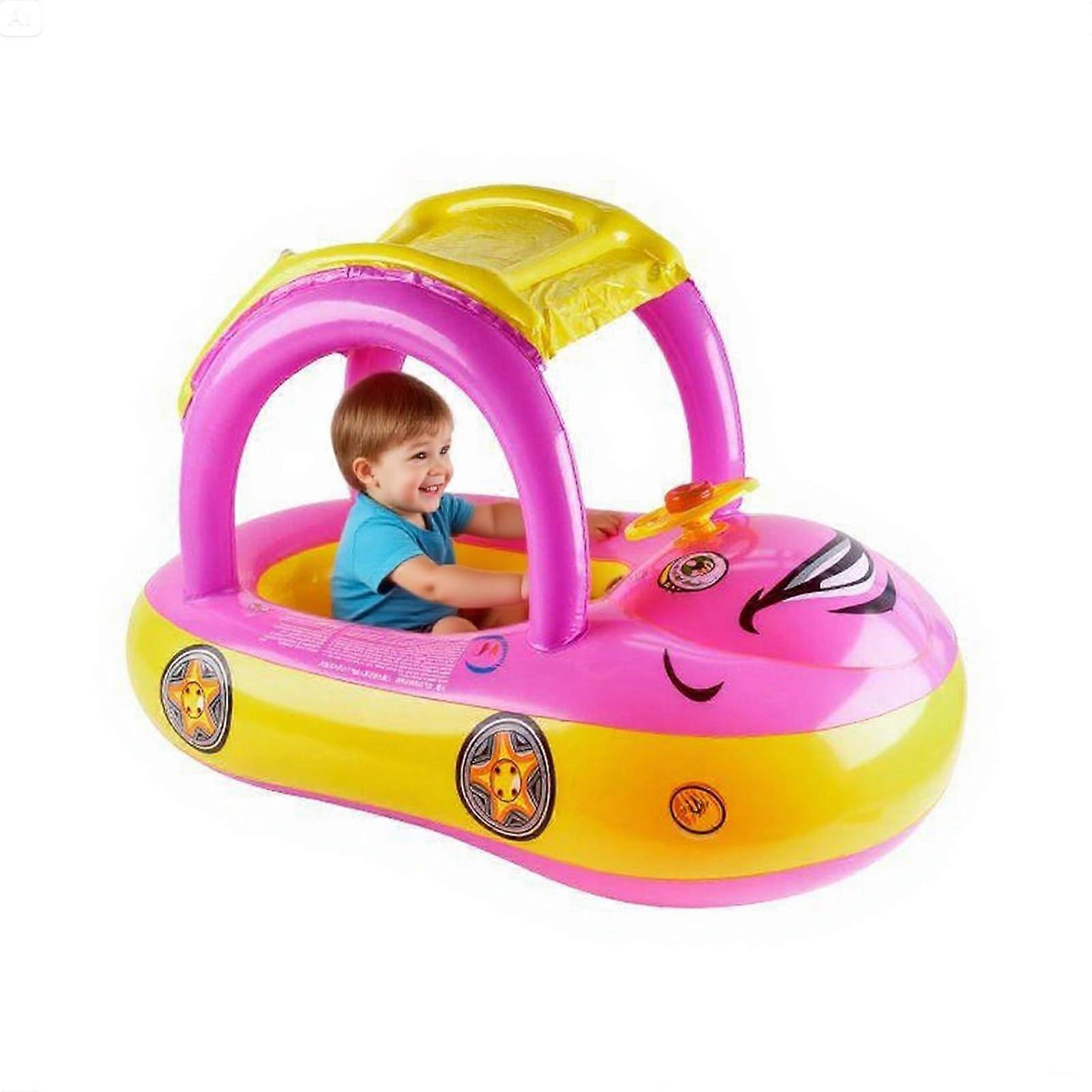 Inflatable Baby Swimming Aids for Pool, Kids Swim Ring Inflatable Swimming Trainer with Sun Protection in Car Design for Lake, Purple
