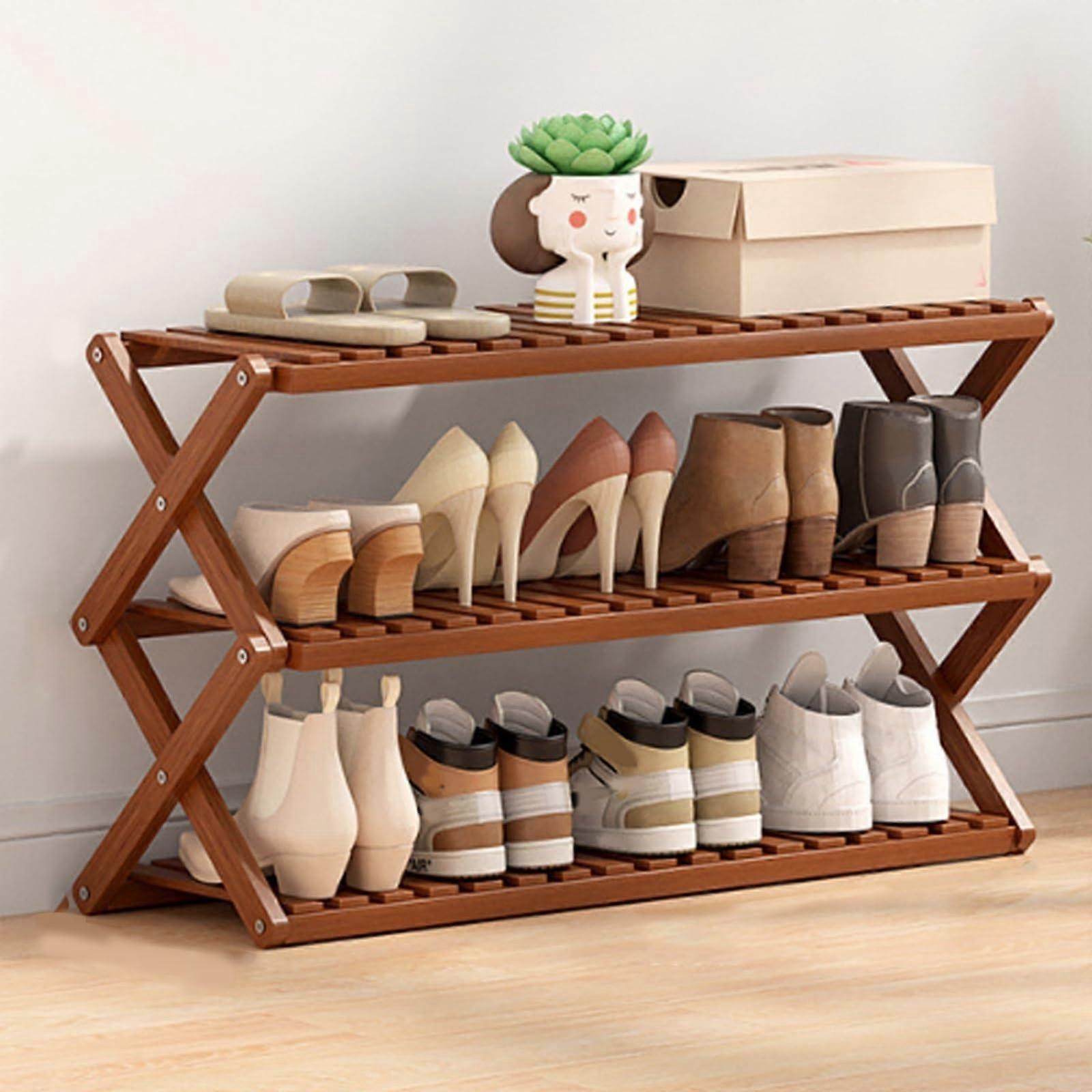 Foldable bamboo shoe rack for indoor and outdoor use, no installation required, spacesaving. 70*25*44.5cm.