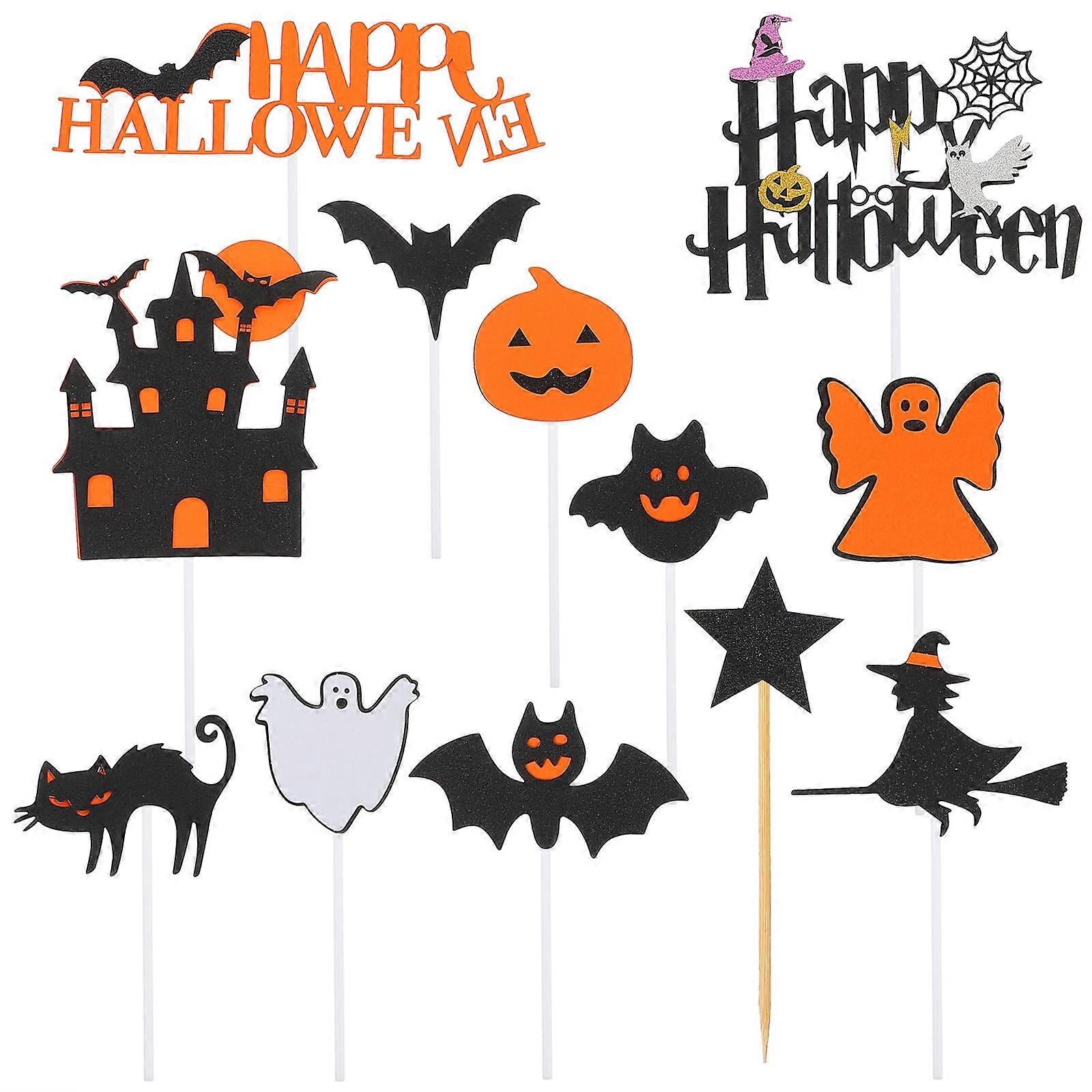 Decorative Cake Picks Halloween Bat Ghost Witch Pumpkin Shapes Paper Material Cake Inserts Assorted Color 23Pcs