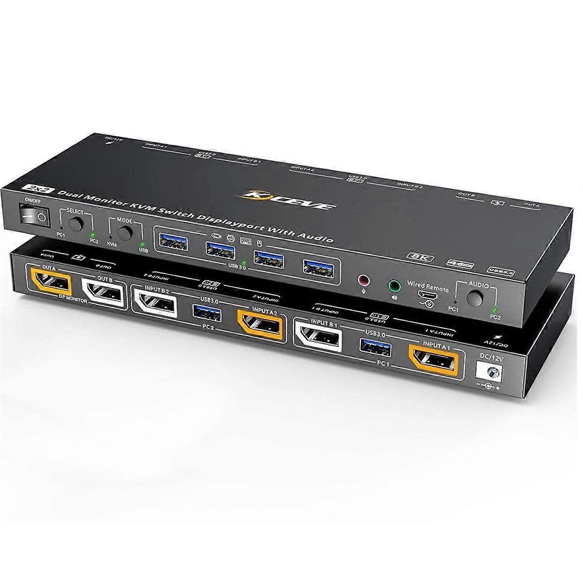 DP KVM Switch Switch 2 PC 2 Monitor 8K @30Hz 4K@144Hz, Dual Monitor for Headset Keyboard Mouse EU-