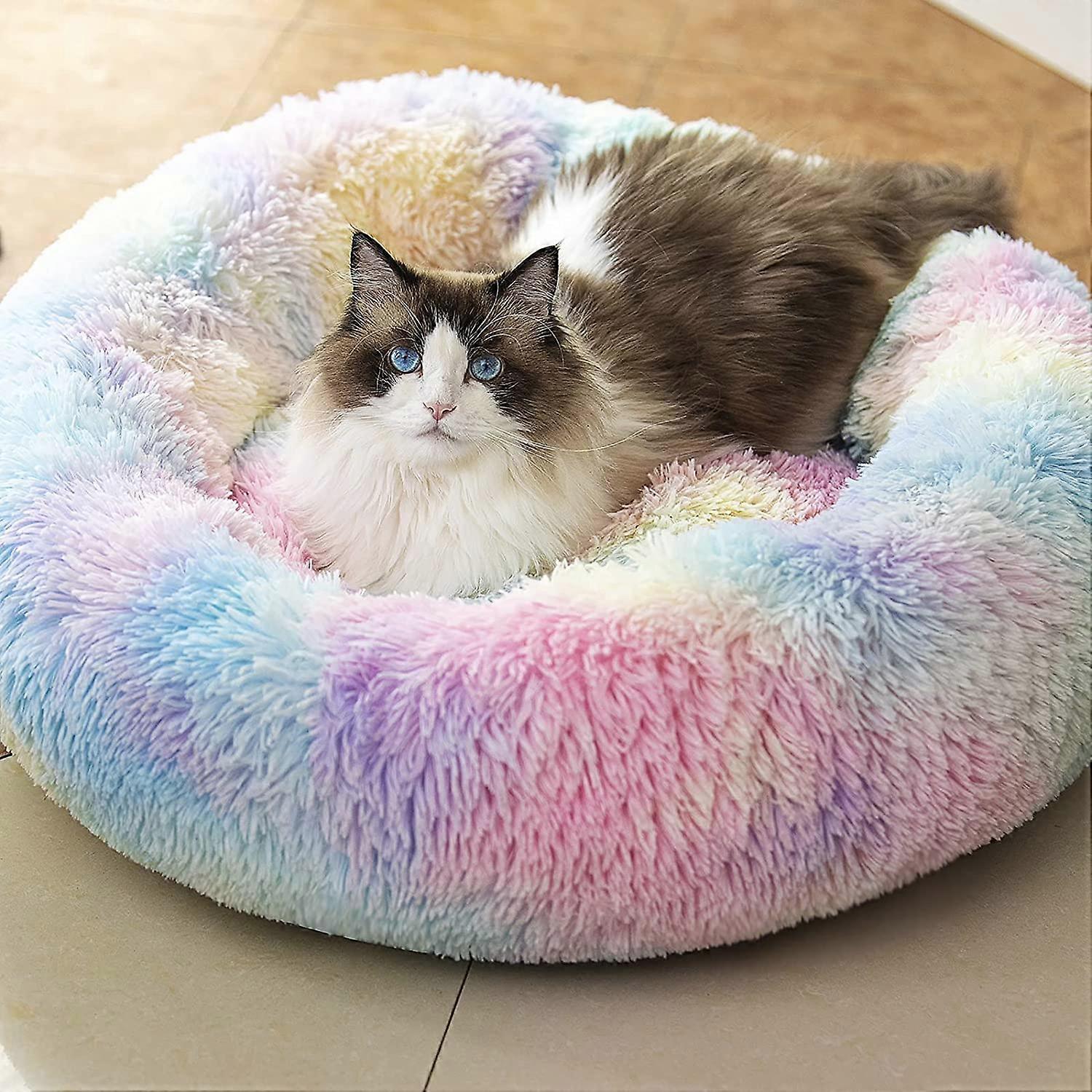 Anti Anxiety Round Fluffy Plush Faux Fur Warm Washable Dog Bed & Cat Bed, Original Bed For Small Medium Large Pets, Rainbow Color
