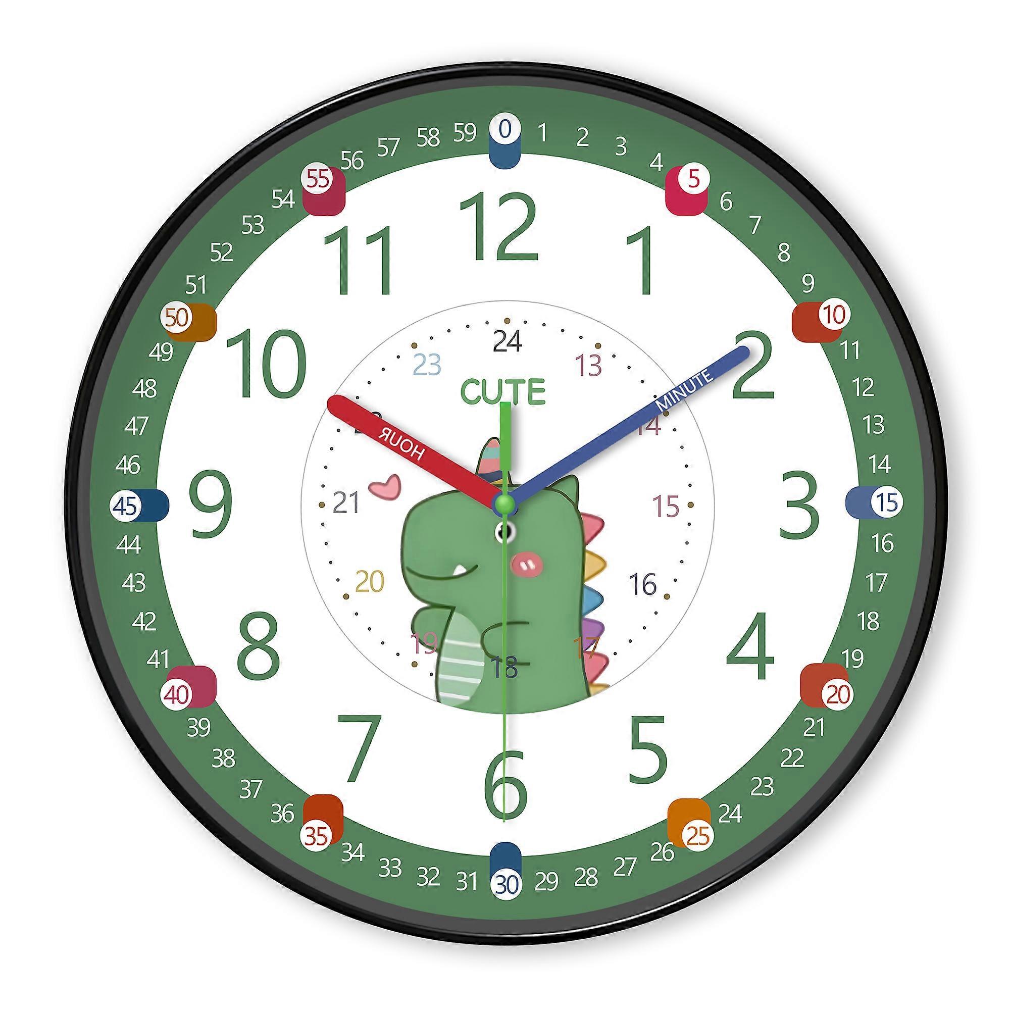 1pc cartoon wall clock, cute little green dinosaur and color pointer design teaching wall clock, 24-hour system silent clock, su