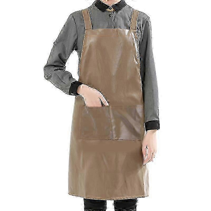 Faux Leather Waterproof Work Apron with Pocket Solid Color Kitchen Oil Proof Bib