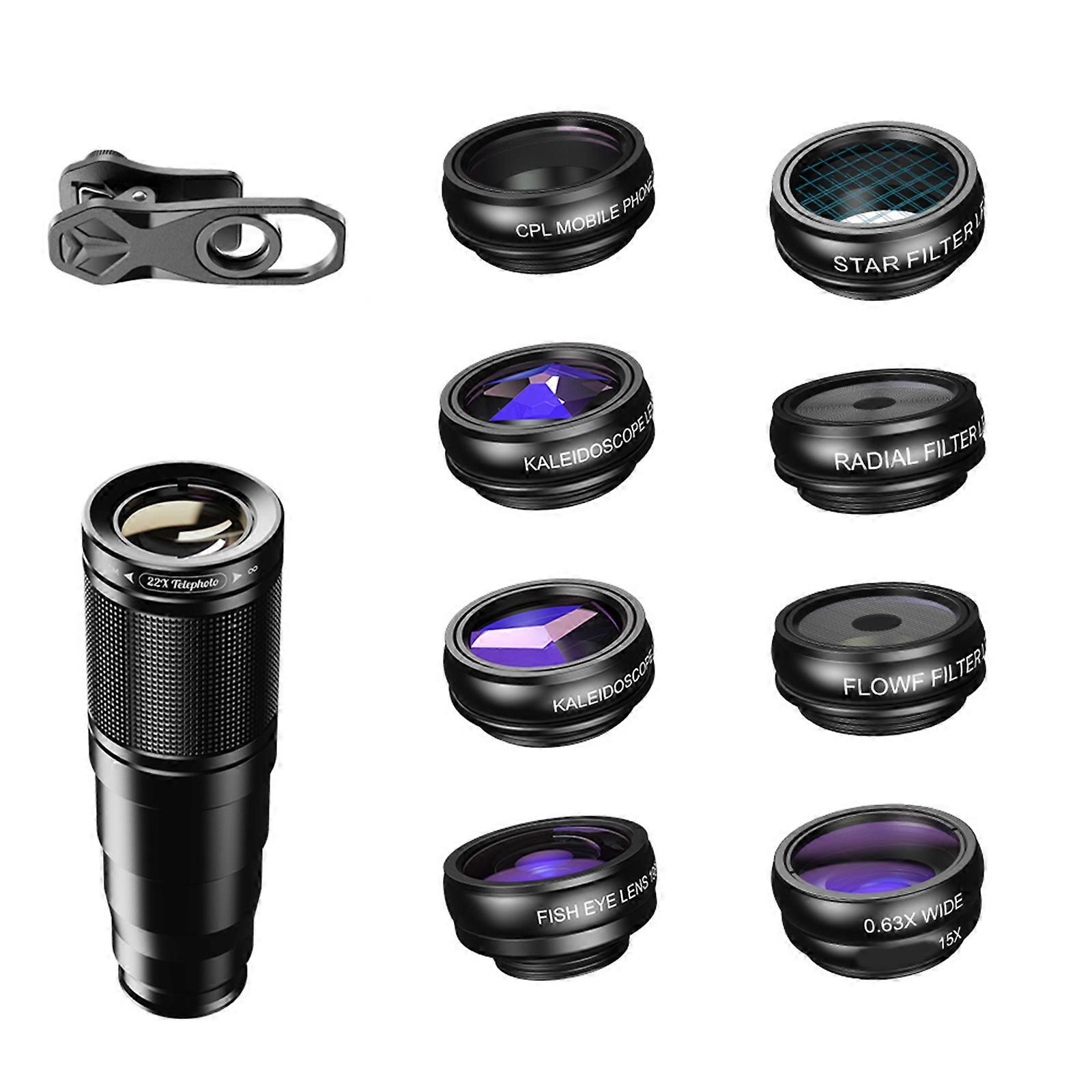 10 in 1 Mobile Phone Camera Lens Include Radial CPL Star Flow Filters 22X Telephoto Fisheye Lens Wide Angle Macro Lens Multicolor