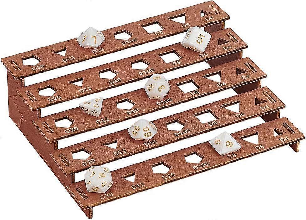 5-Tier Wooden Dice Holder 7.4x5.9x2.2inch Display Rack Coconut Brown Storage Shelf Holds 35Pcs Dice Display Stand for Tabletop Gamers Dice Collectors