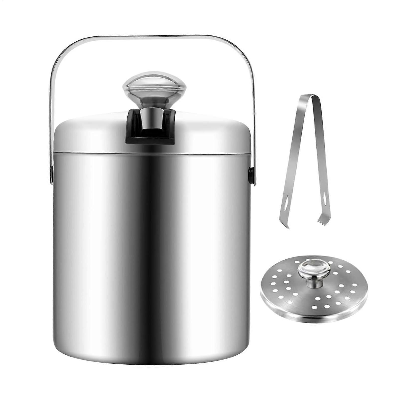 Stainless Steel Ice Bucket with Tongs, 1.3L DoubleWalled Wine Chiller for Parties and Bars