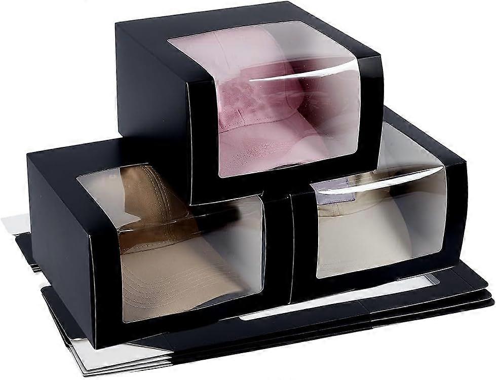 10pcs Hat Gift Box with Window for Baseball Caps 7.6x7.6x4.7 inch Paper Organizer Box Black Hats Display Case Containter Fold for Billed Cap Snapbacks