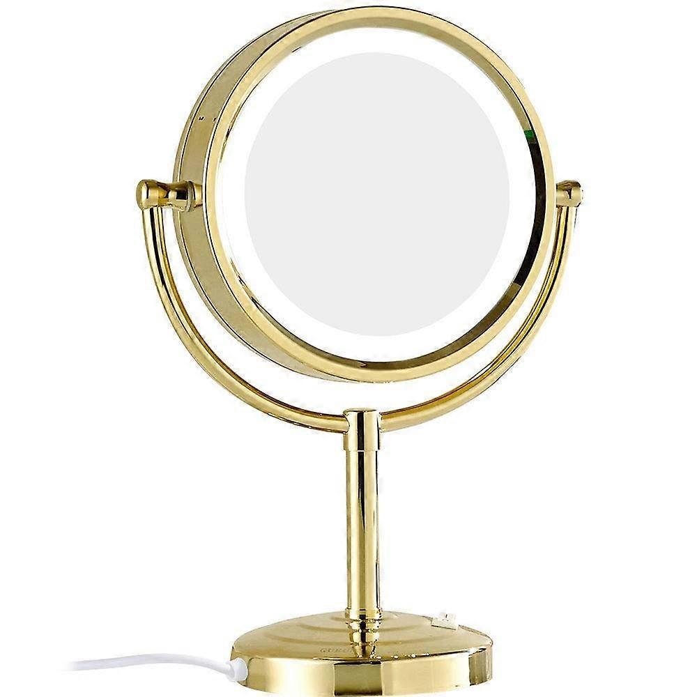 8.5 Inch Double Sided LED Makeup Mirror with 10x Magnification, Adjustable Brass Frame, Gold Countertop Design with Plug and Switch