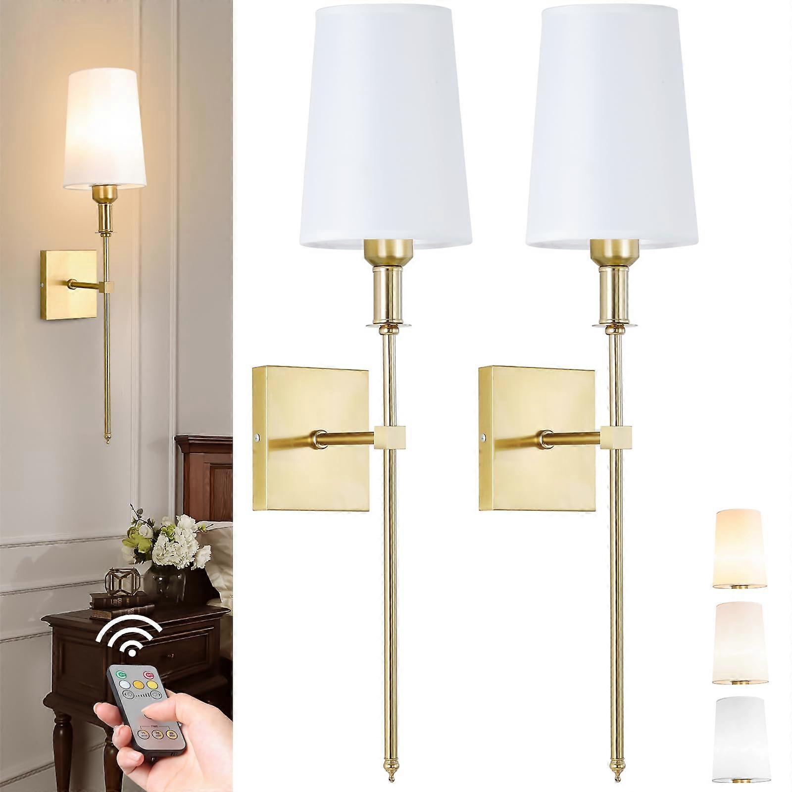 Wireless Wall Sconces Set of 2, Antique Brass Battery Operated Lights with Remote and USB Rechargeable Bulbs