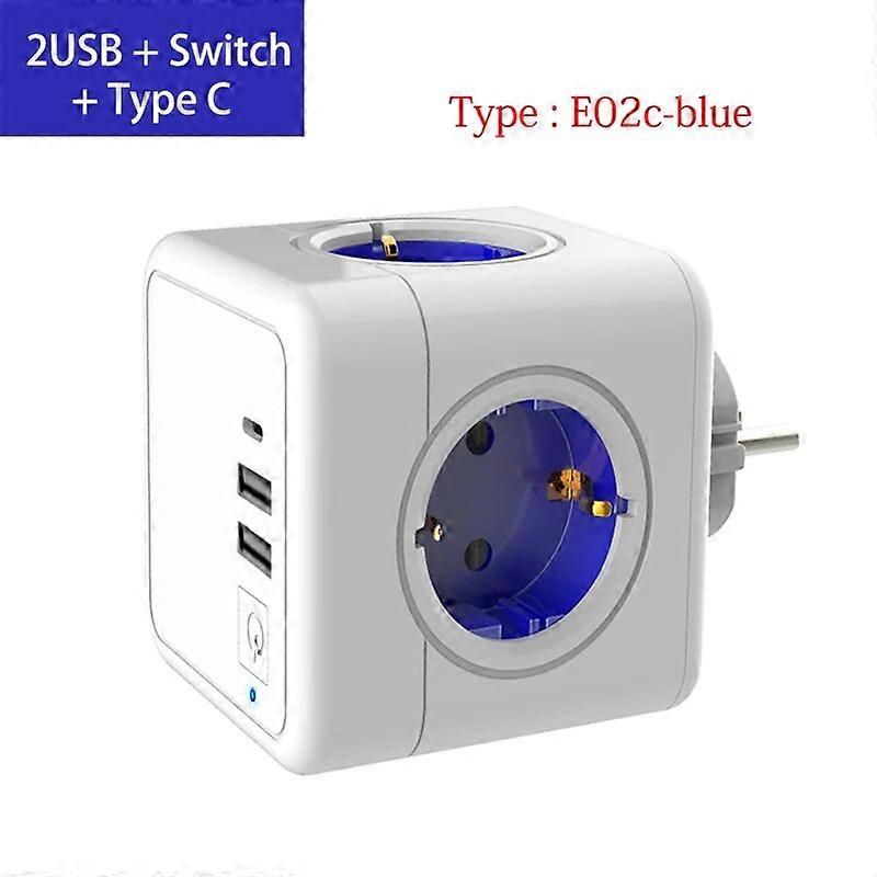 MASSFA 4 Eu AC Outlets Power Strip Multiple Cube Plug 2 USB-A Electrical Socket with Switch USB-C Surge Protector Home Adapter