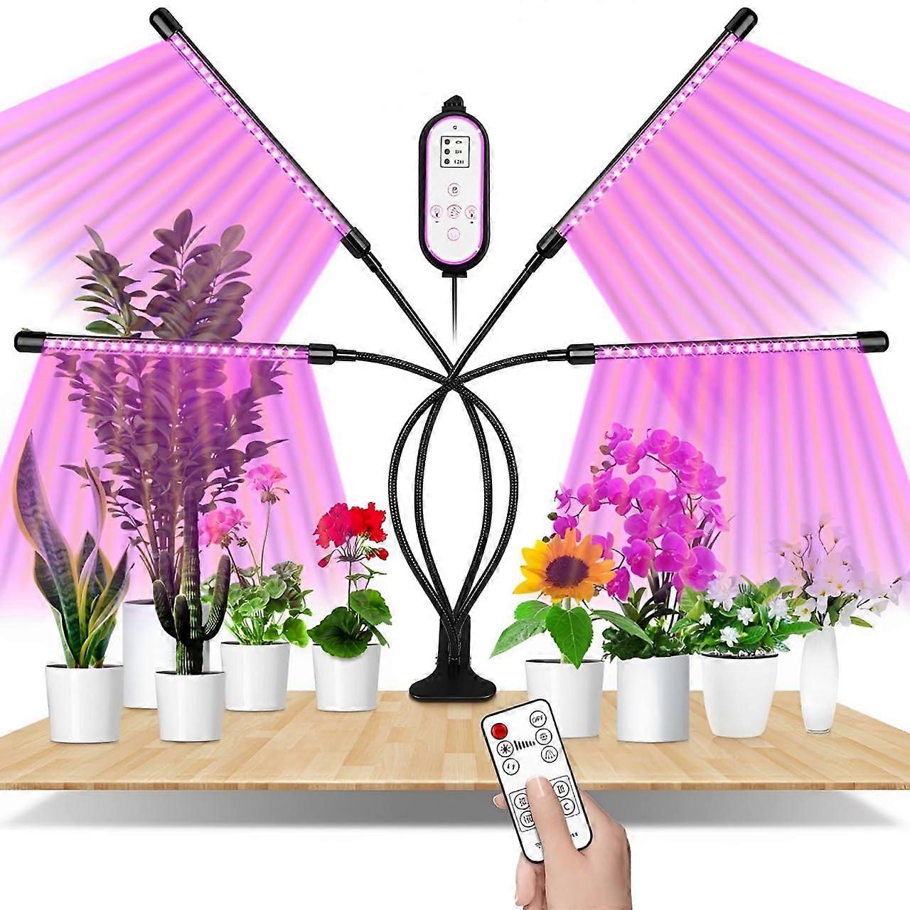 LED Grow Light Full Spectrum for Indoor Plants, 4 Head with Timer Remote, 10Level Brightness