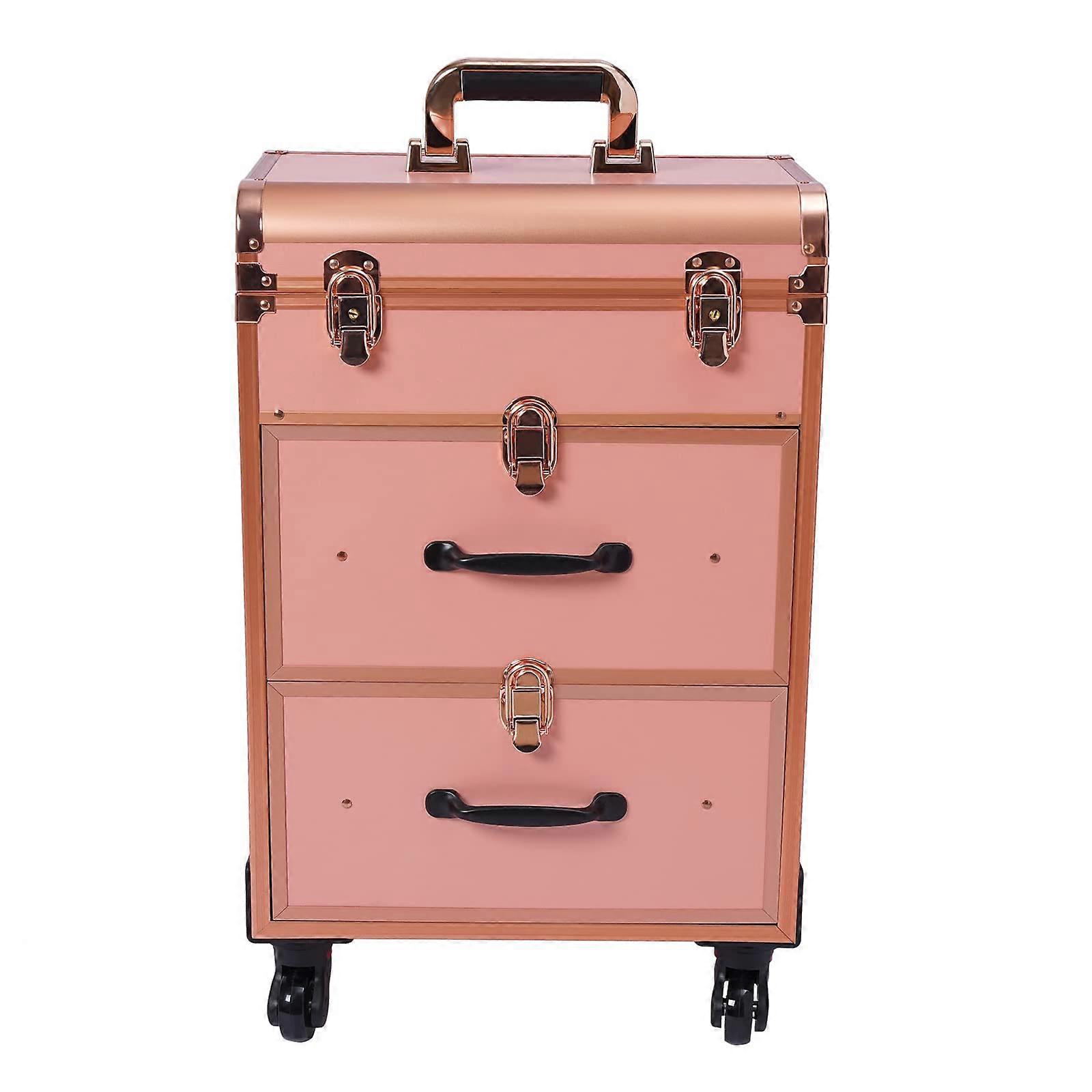 Rolling Makeup Train Case 3 Layer Aluminum Organizer with Wheels Lockable Rose Gold Large Capacity
