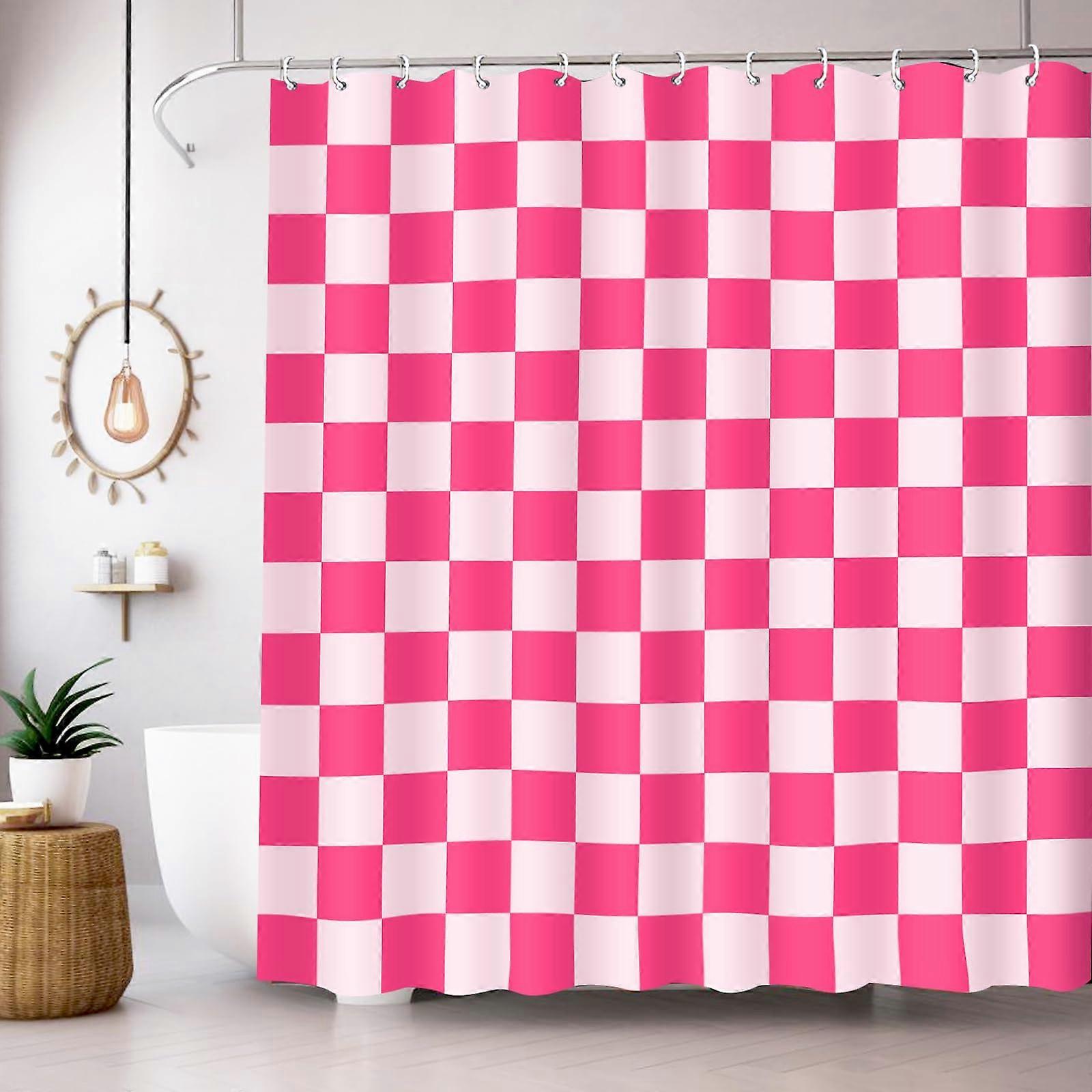 Pink Checkered Shower Curtain 72x72 Waterproof Polyester Retro Bathroom Decor with Hooks