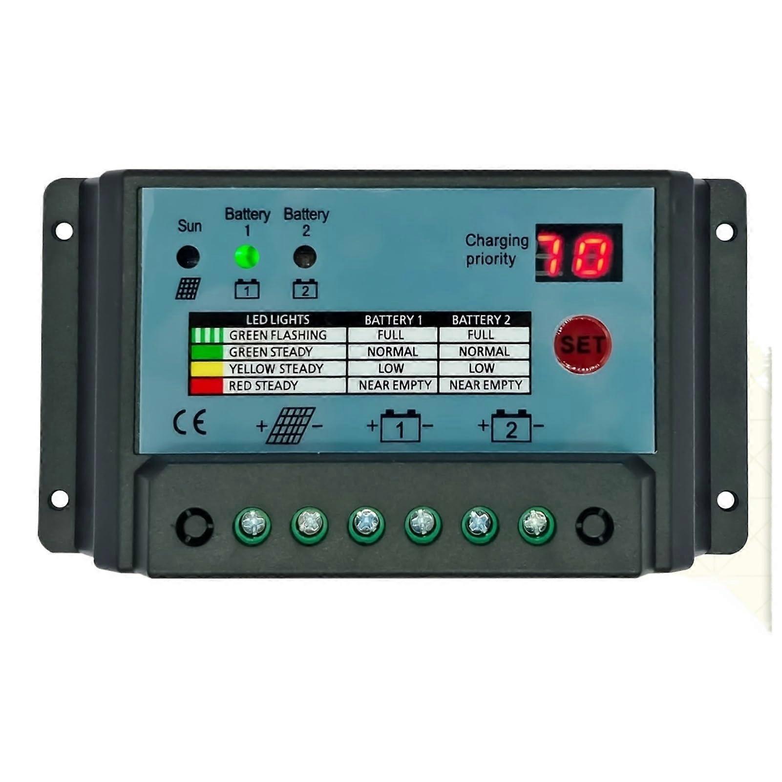 20A 12V 24V PWM Solar Charge Controller with Dual Battery Support, Automatic Voltage Detection