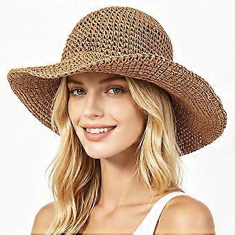 1PC Outdoor Hawaii Straw Hat Round Sun Block Wide Brim UV Protection Summer Sunhat Beach Hat (Khaki)