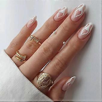 24pcs Weiße Flamme Nagelverlängerung Patch Falsche Nagel Set Wasserdichte Nail Art Lieferungen mit Kleber