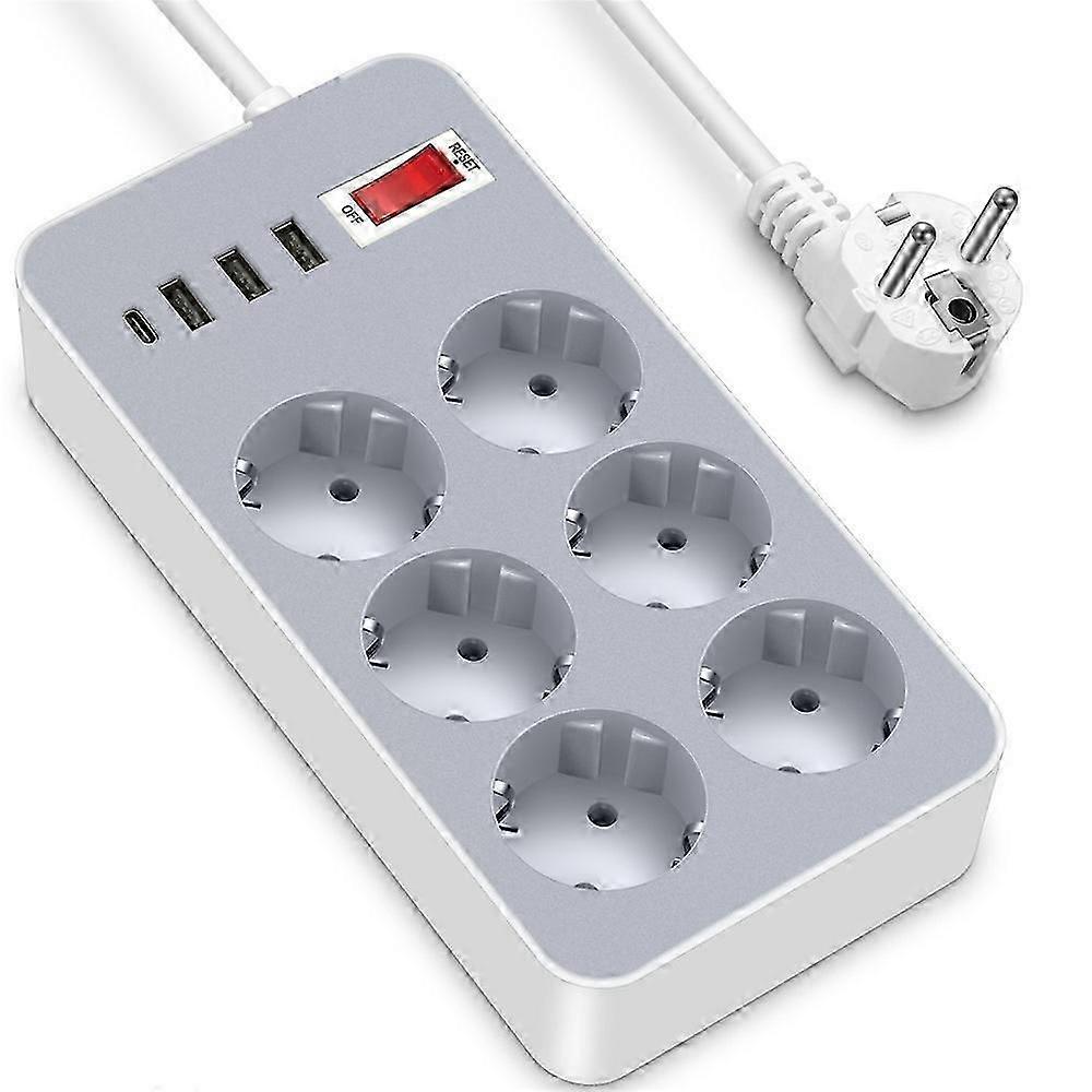 UN 106 EU Plug Power Strip Button Switch Socket 6 AC Outlets 3 USB 1 Type C