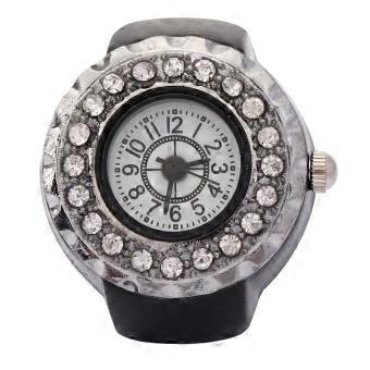 Reloj de anillo de dedo Reloj de anillo de cuarzo brillante con decoración de diamantes de imitación para mujerNegro