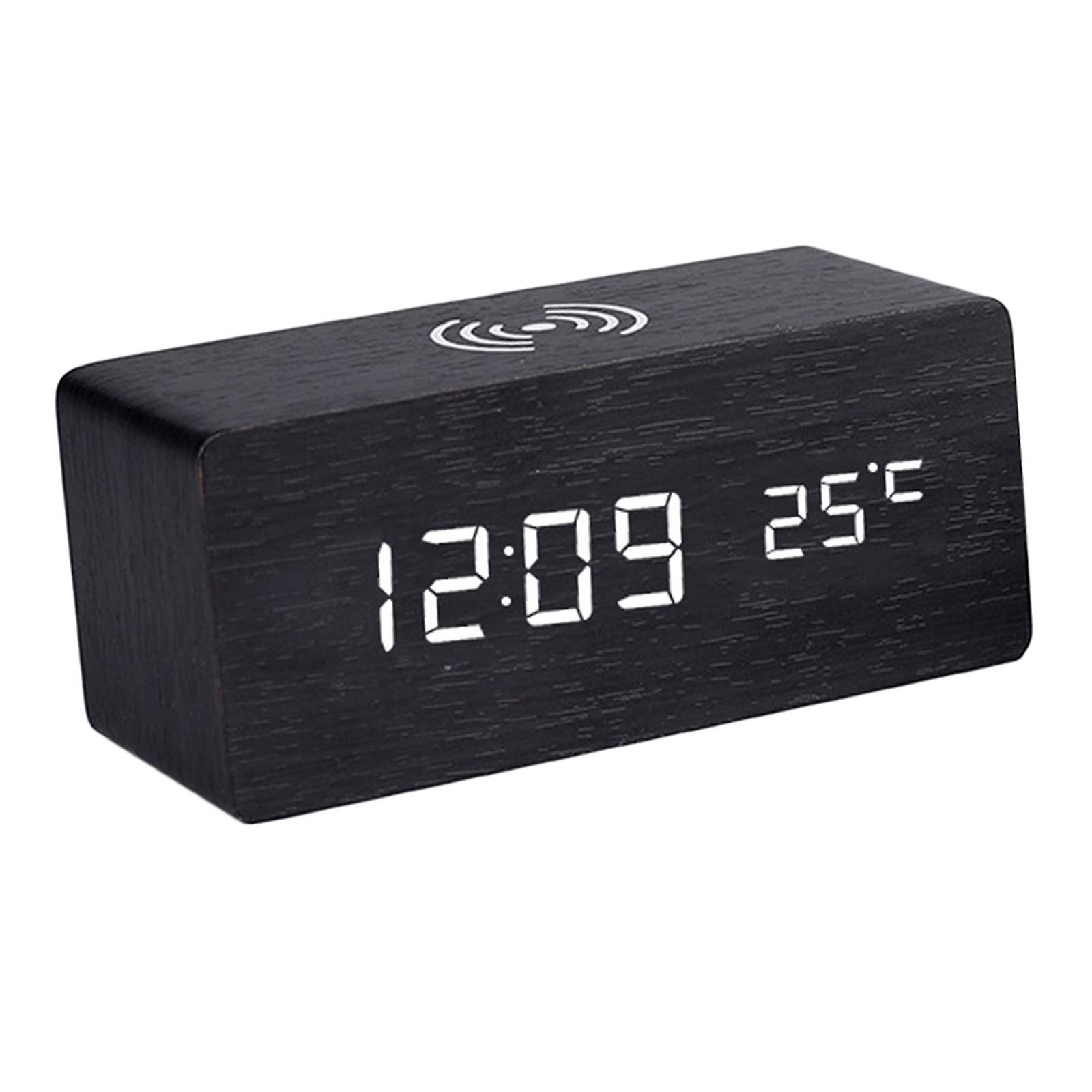 Digital Alarm Clock & Wooden Electronic LED Time Display Temperature Detect Black