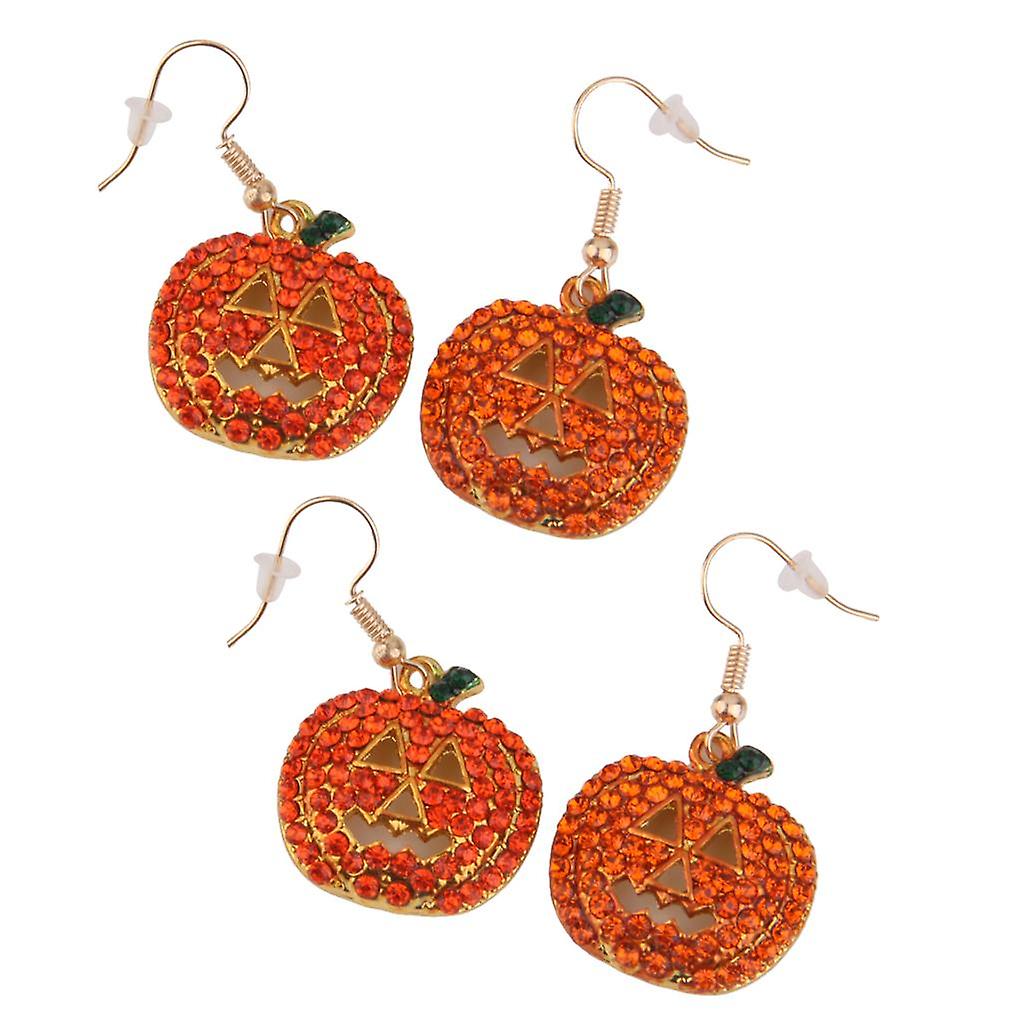 2 Pairs Full Paved Crystal Rhinestone Halloween Pumpkin Shape Dangle Earring