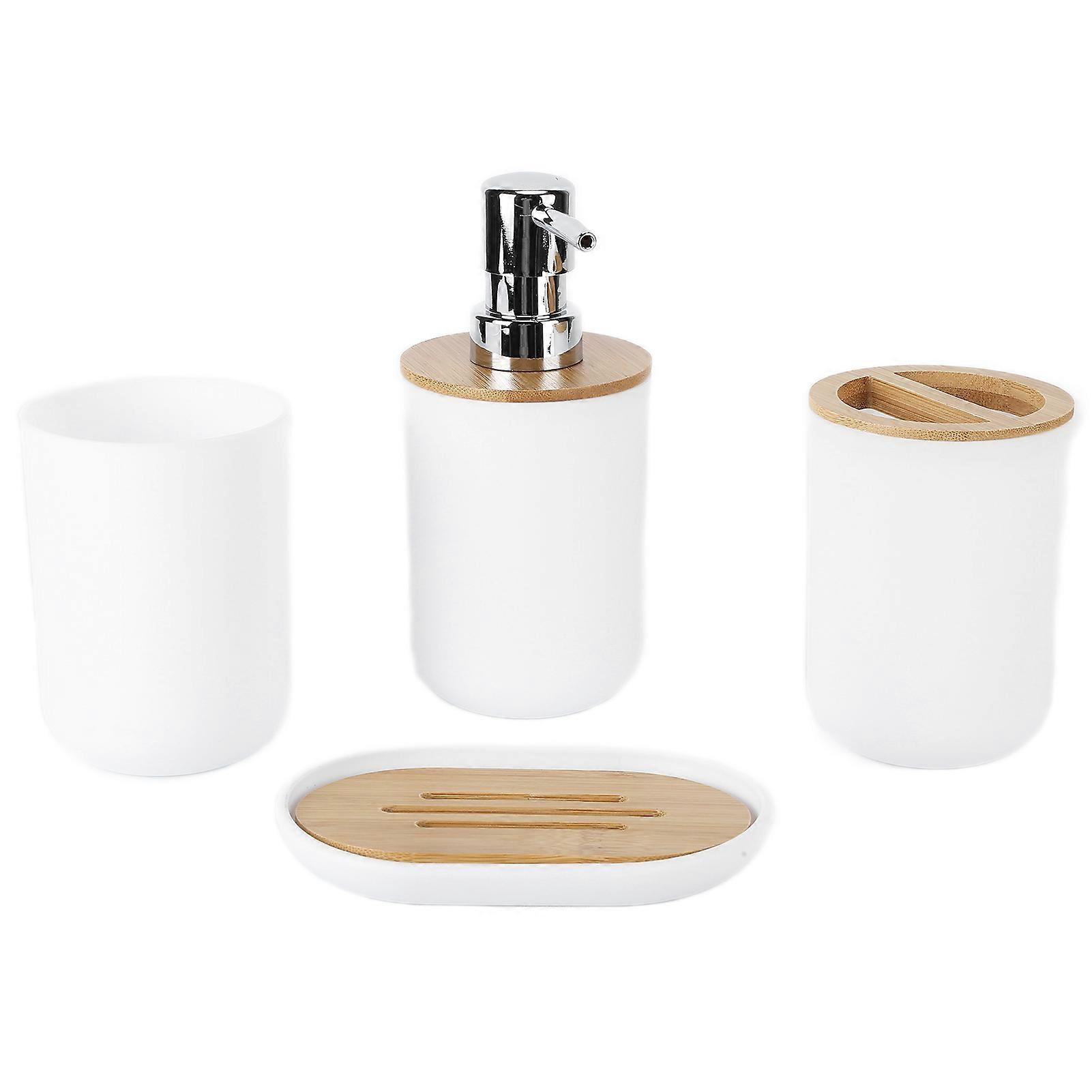 4-Piece Bamboo Bathroom Accessories Set, Waterproof and Durable, with Toothbrush Cup, for Home and Hotel, White