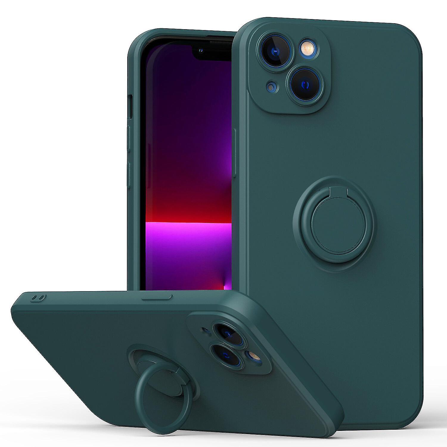 Simple Color Phone Case For Iphone 13 Mini With Ring Stand, Metal Plate For Magnetic Charging, Shock Absorption Design, 360 Rotating Stand