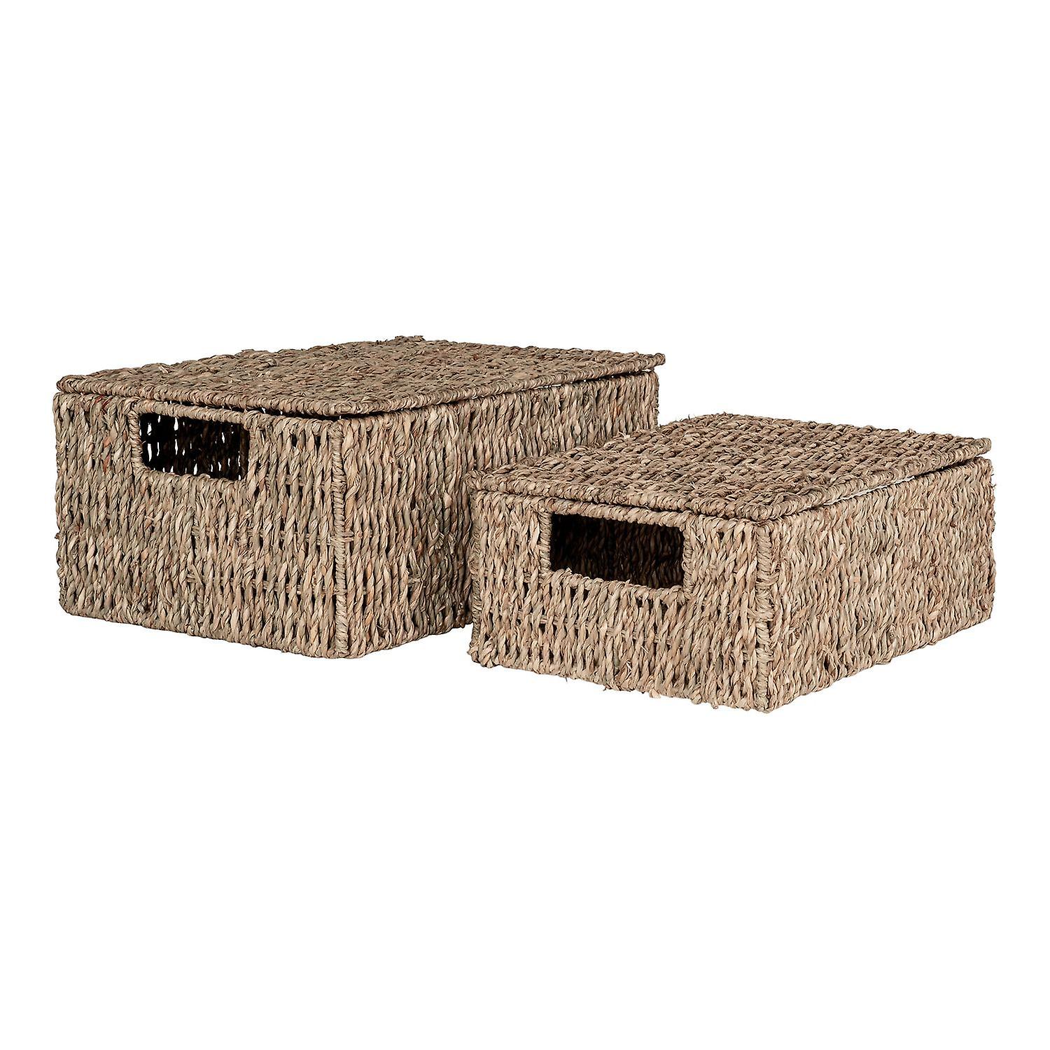 2 rektangulära korgar med sjögräslock