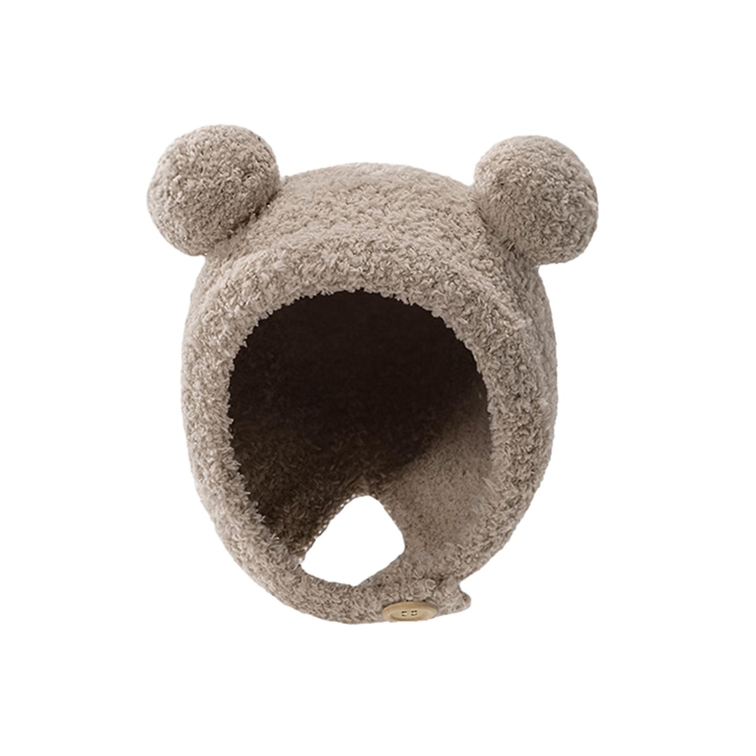 Winter Fall Children Hat Thick Plush Cartoon Bear Head Shape Solid Color Ear Protection Elastic