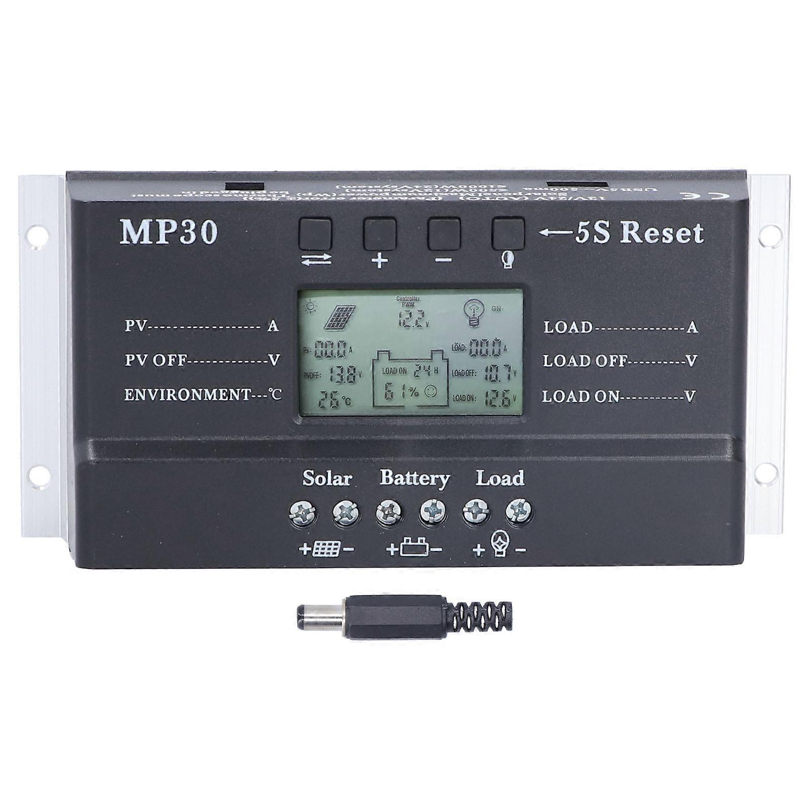 Solar Charge Controller 30A 12/24V LCD Display Backlight Circuit Protection USB Port MPPT PWM Battery Regulator
