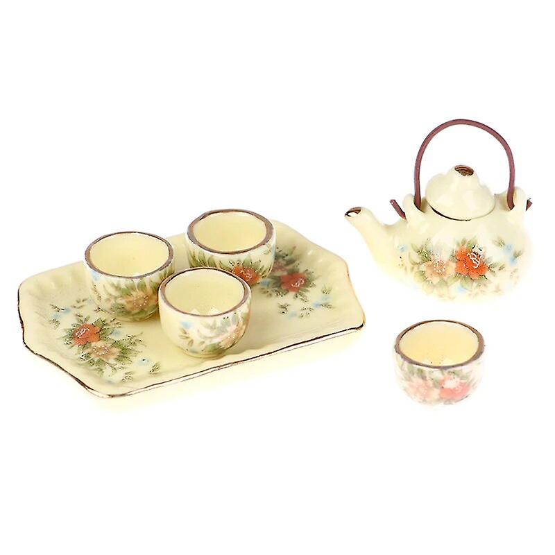 1 Set 1:12 Dollhouse Miniature Cups and Pot Set Delicate Print Ceramics Teaware Model Toys Kitchen Living Room Doll House Decor