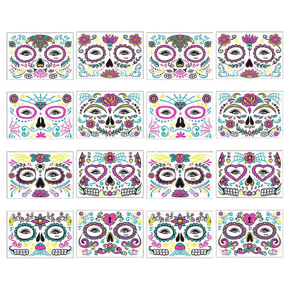 16 Sheets Halloween Face Tattoos Stickers Temporary Fluorescent Face Decals