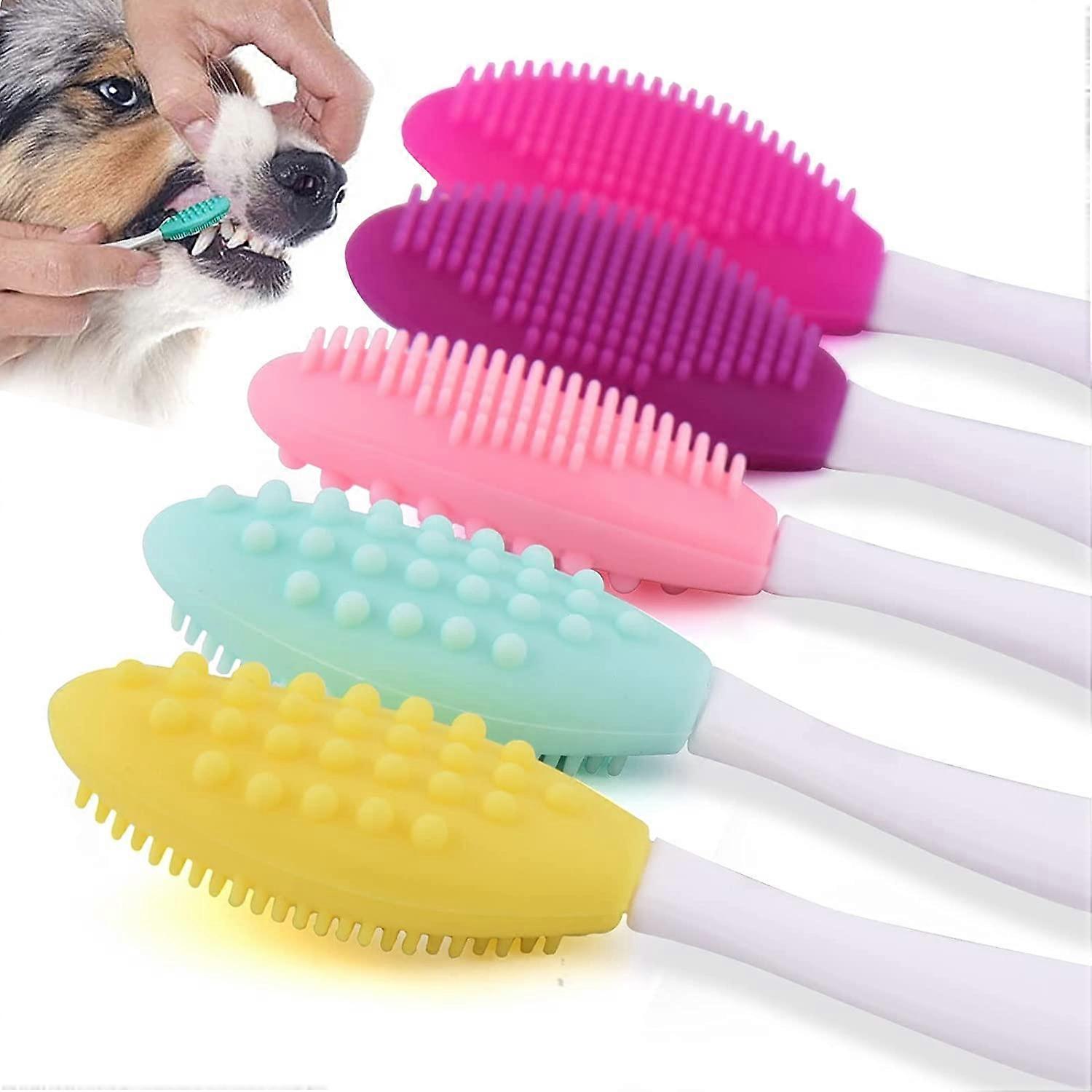 5-Piece Dog Toothbrush, Double Sided Soft Silicone Gentle with Curved Long Handle Brush Kit
