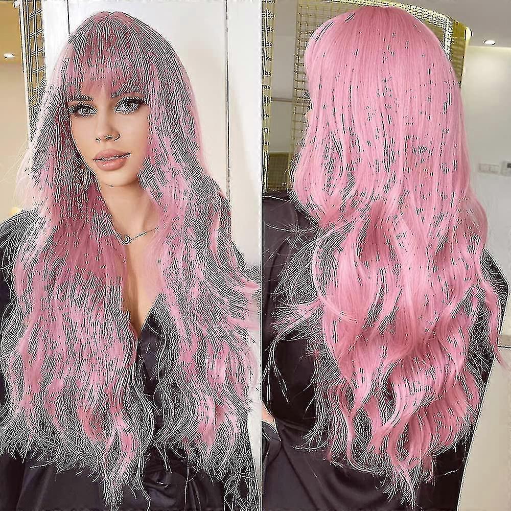Pink lang krøllet paryk til kvinder