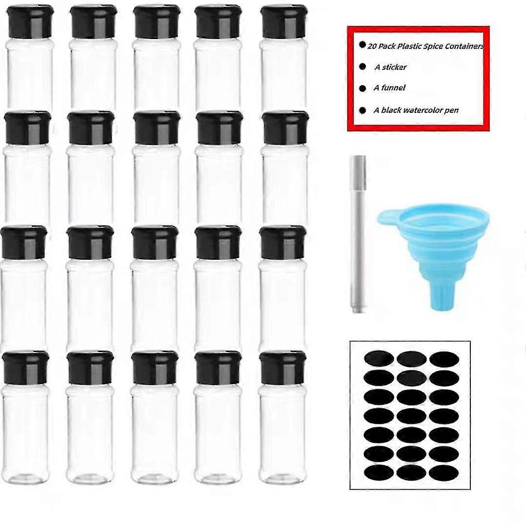 20 Pack Plastic Spice Containers, Clear Spice Jars With Shaker Lids And Labels, Empty Plastic Spice Bottles