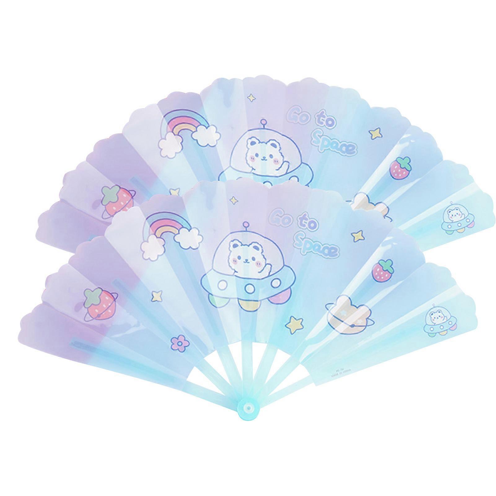 2Pcs Cartoon Pattern Hand Crank Cool Fan Student Children Summer Fine Workmanship Portable Folding Fan Birthday Gift