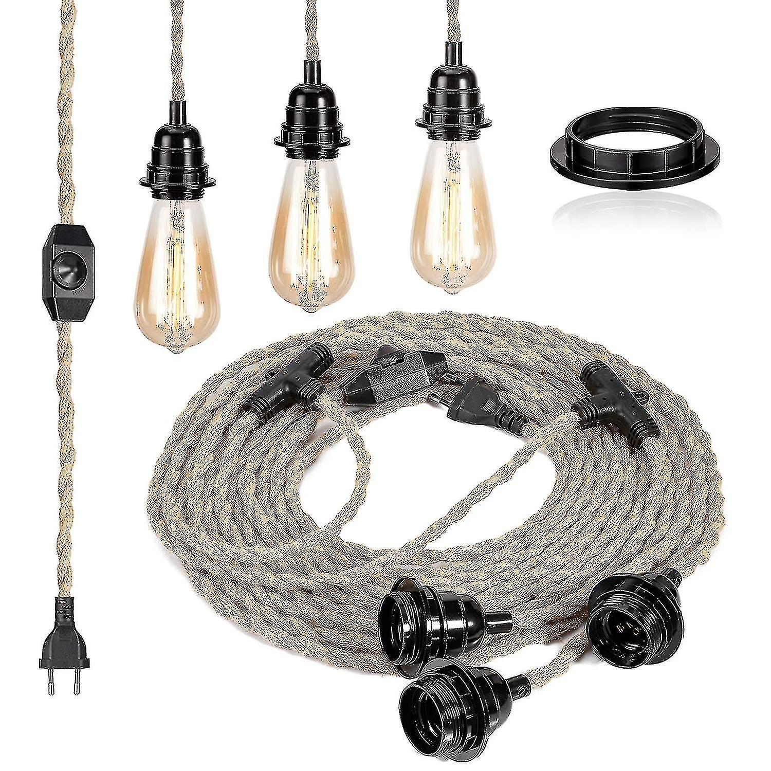 E27 2 Core Linen Electrical Cable Twisted Electrical Cable For Light Fixtures With Adjustable Switch And 6.8m Lamp Socket (three Lamp Sockets)