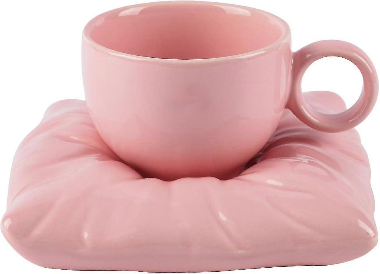 كوب قهوة سيراميك ، كوب لطيف مع وسادة كوستر للمكتب والمنزل ، آمن لغسالة الأطباق والميكروويف ، حليب شاي لاتيه (وردي خوخي)