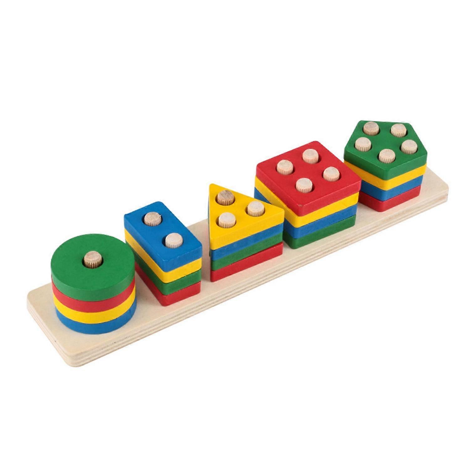 Wooden Building Block Stacking Toy Color Geometric Shape Cognition Matching Lacing Blocks Game Kids