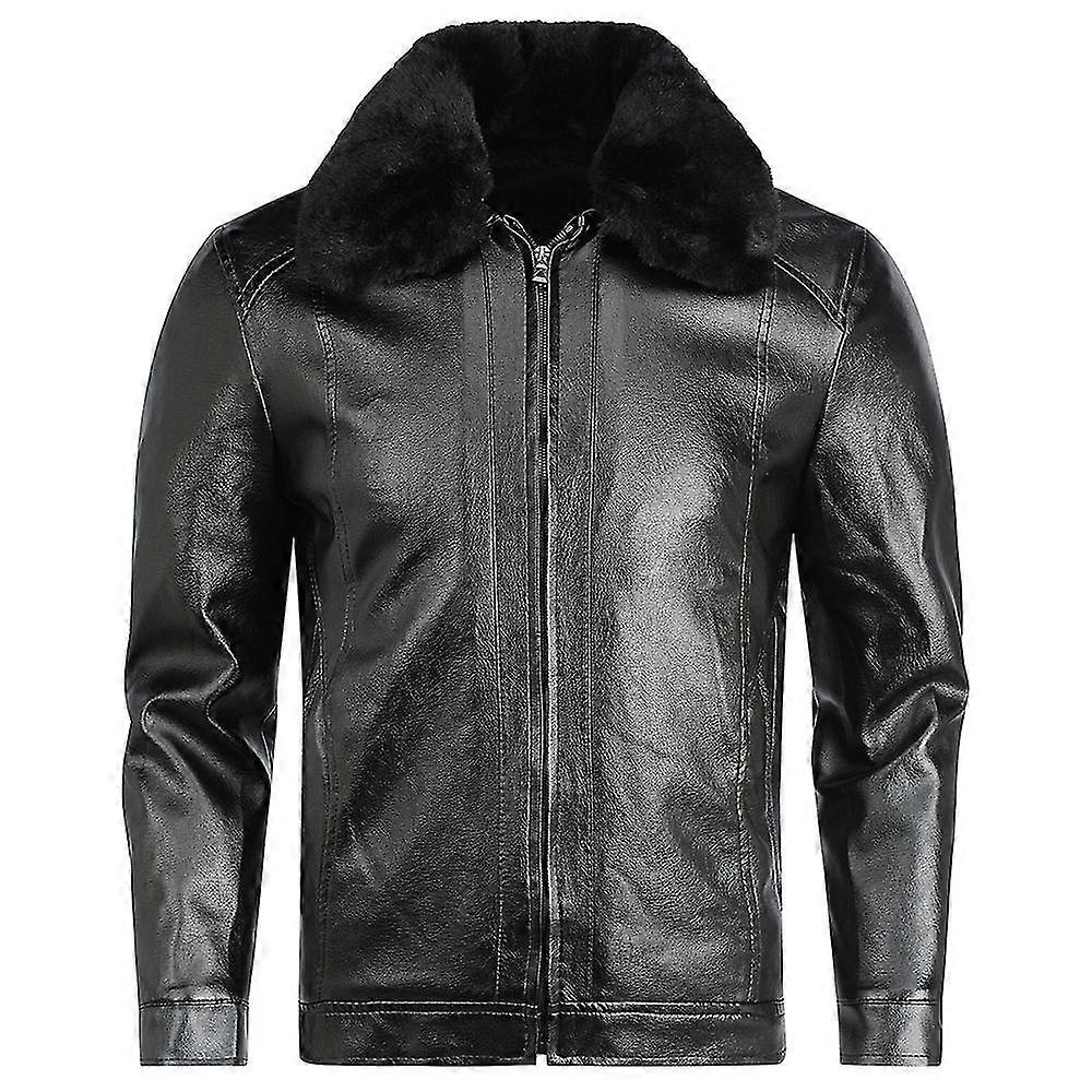 Mens Winter Solid Color Fur Collar Lapel Leather Jacket-MXBC