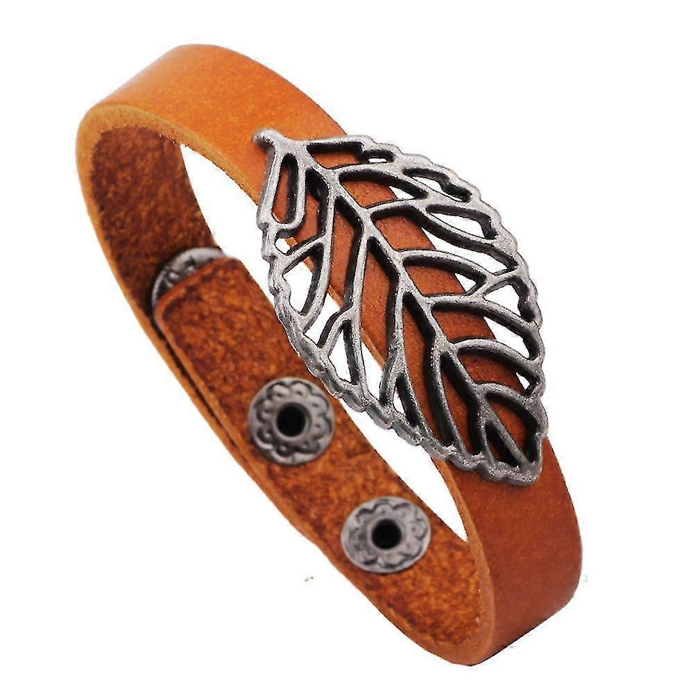 Retro Leather Bracelet With Alloy Leaf Accessory