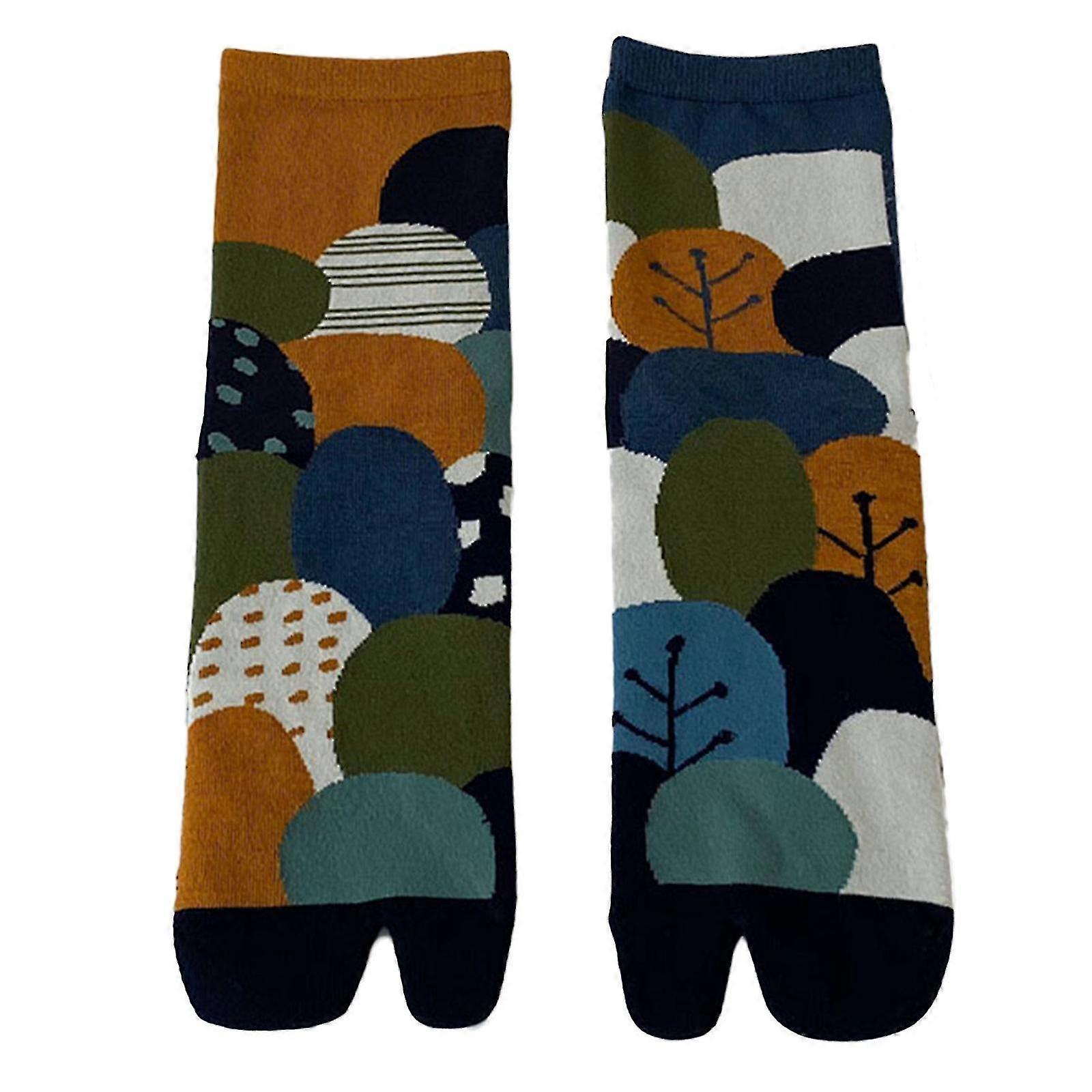 Unisex Split Toe Kimono Tabi Crew Socks Colorblock Abstract Dot Striped Print 2 Finger Japanese Flip Flop Sandal Hosiery